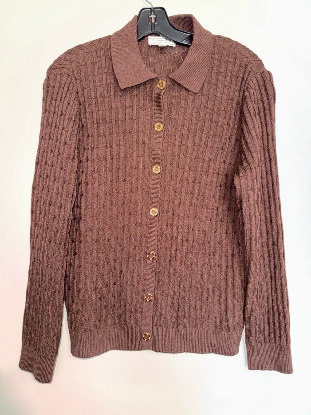 St. John Chocolate Brown Ribbed Button-Front Cardigan